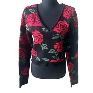 🌹Material Girl Rose Floral Cropped Knit Sweater Black Red V-Neck Size L NWT